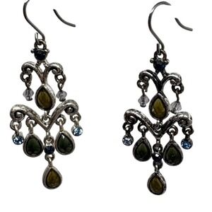 Vintage Chandelier Earrings Silver Tone Green Blue‎ Dangle Drop Women's Jewelry